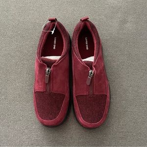 Lands End All Suede Zip Moccasin, Rich Burgundy Brand New